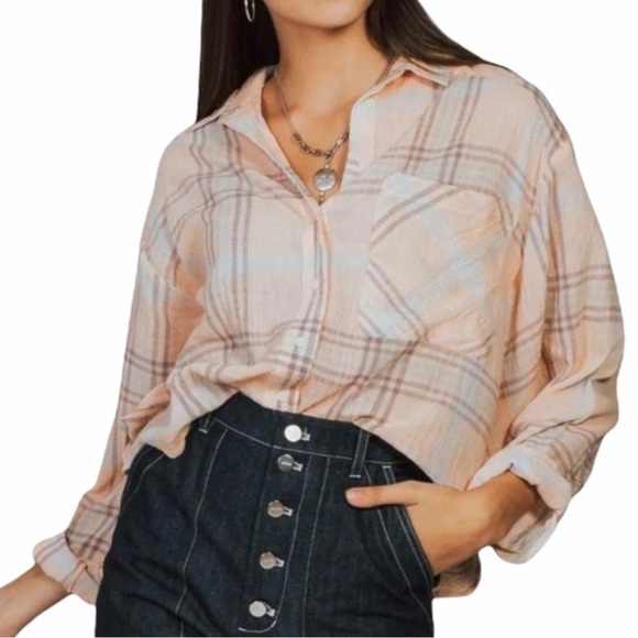 Free People Cutie Plaid Button-down Shirt in Pink Gray, Dolman Sleeves, Large - Picture 1 of 5